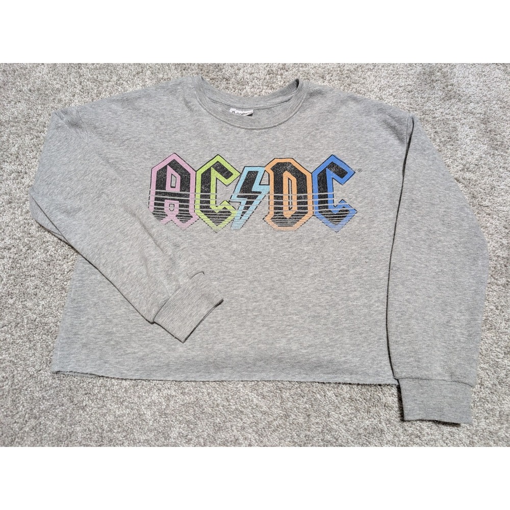 ACDC Graphic Sweatshirt Cropped Cut Off Hem Gray Size L 10 12